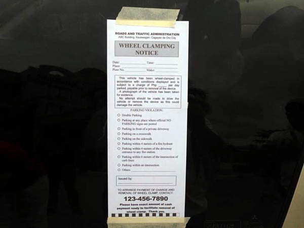 Wheel Clamps on Illegal Park Vehicles in Cagayan de Oro, Roads and Traffic Administration, RTA, Roads and Traffic Administration cagayan de Oro, cdo guide, Campaigners for Road Courtesy and Discipline, wheel clamps