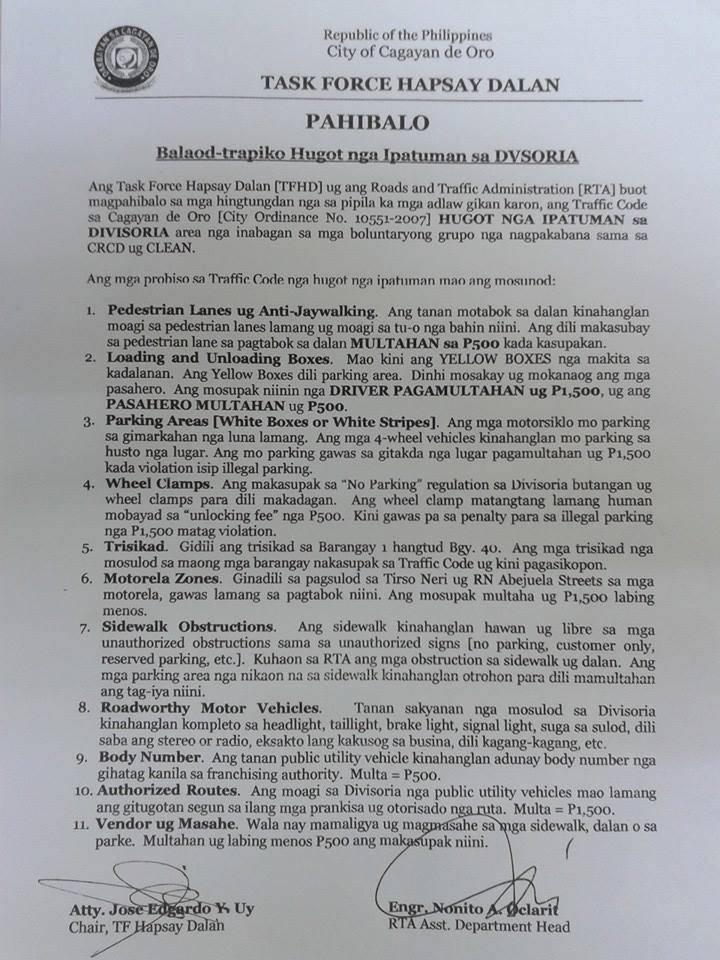 Cagayan de Oro Road and Traffic Rules, Road and Traffic Rules, Cagayan de oro, wheel clamps, divisoria Hapsay road rules, City of Cagayana de Oro, City Ordinances on traffic