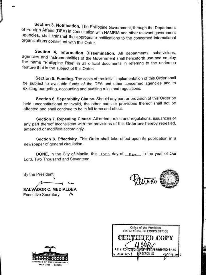 Benham Rise to Philippine Rise Executeive Order no. 25