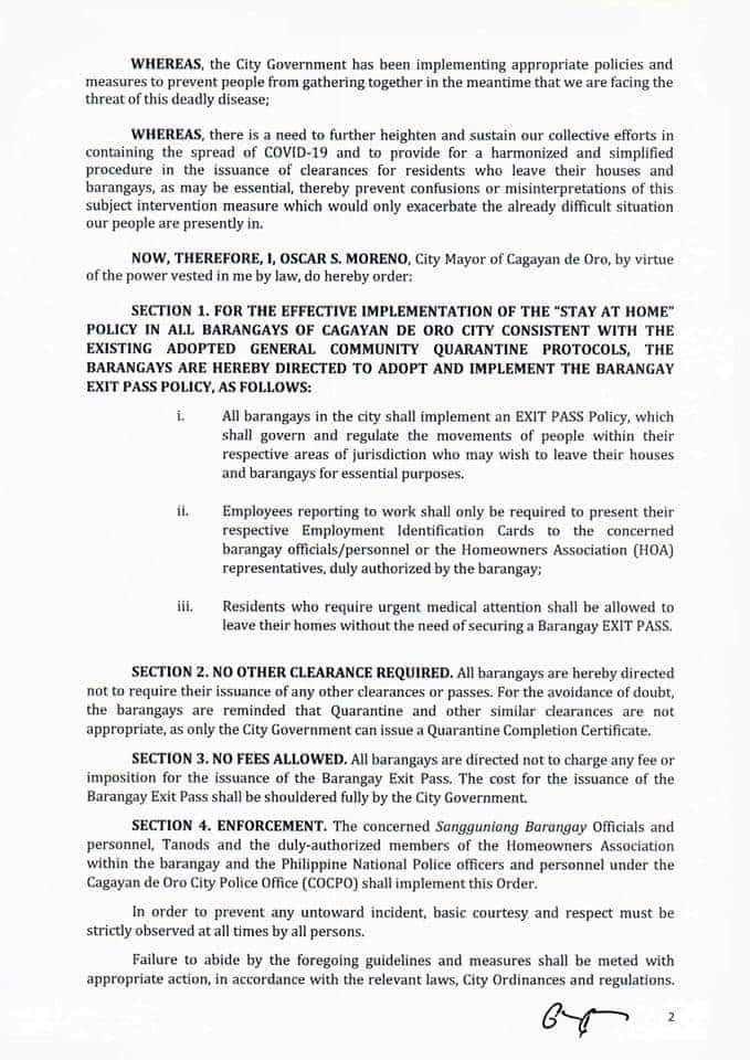 Cagayan de Oro Barangay Exit Pass Policy